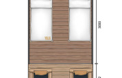 Planimetria di una tenda safari con due letti singoli, due sedie e dimensioni di 2500x4242 mm.