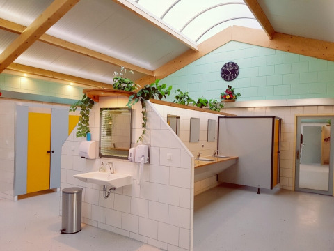 Bright, modern bathroom at campsite de Boerenzwaluw in North Holland, Netherlands, with greenery.