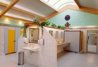 Bright, modern bathroom at campsite de Boerenzwaluw in North Holland, Netherlands, with greenery.