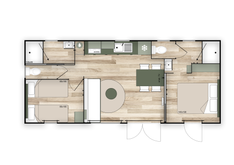 Planimetria del Cottage Premium al Campeggio Le Château con camere, cucina e bagni moderni.