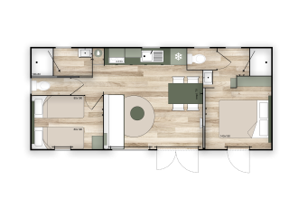 Floor plan layout of COTTAGE Premium lodge at Campsite Le Château with bedrooms, kitchen and bathrooms.