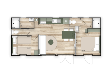 Plantegning af COTTAGE Premium-hytte med to soveværelser, badeværelse og køkken på Campingplads Le Château.
