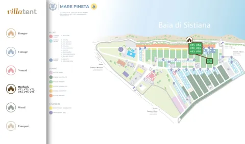 Mappa del Camping Village Mare Pineta con posizione delle tende safari Outback vicino alla Baia di Sistiana, Italia.