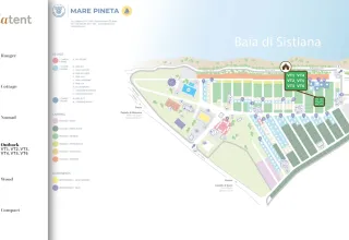 Mappa del Camping Village Mare Pineta con posizione delle tende safari Outback vicino alla Baia di Sistiana, Italia.