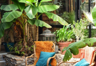 Sunny terrace with tropical plants, wicker chairs and colorful pillows at Les 3 Cantons campsite in Occitanie, France.