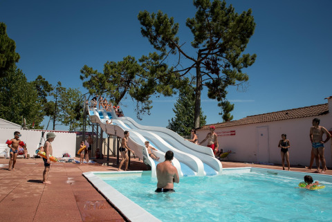 Enfants et adultes profitent d’une journée ensoleillée à la piscine avec toboggans au Flower Camping l’Escale du Perthuis.