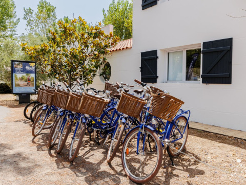 Rij blauwe fietsen met manden voor een gebouw bij Flower Camping l'Escale du Perthuis, Pays de la Loire.