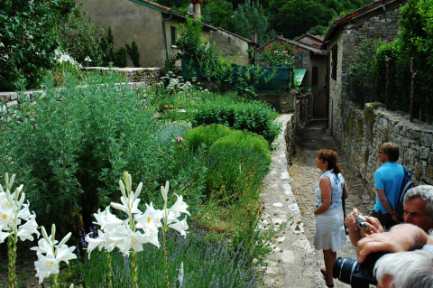 Tourists admire a lush garden and old stone walls near ST ANTONIN NOBLE VAL in Occitanie, France.