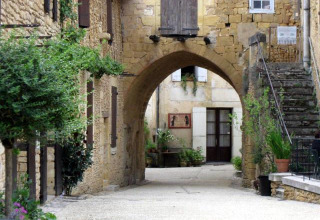 Vicolo in pietra con arco, scala e piante vicino a Molières in Nouvelle-Aquitaine, Francia.