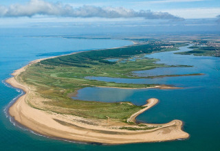 Aerial view of sandy coastline and green wetlands near La Tranche-sur-Mer in Pays de la Loire, France.