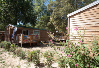 Casa móvil estándar de 25m2 con terraza de madera, flores y naturaleza verde alrededor en un camping.