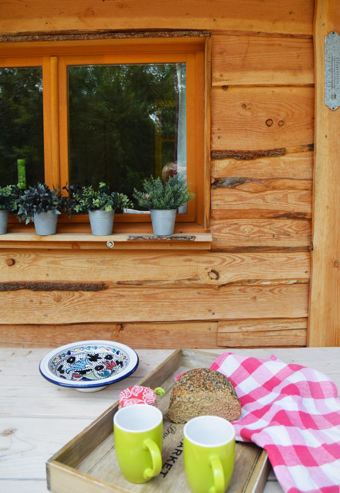 Tavolo rustico con pane, tazze verdi, piatto e piante davanti a finestra dello Chalet al campeggio Les 3 Cantons in Francia.