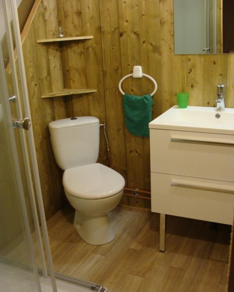 Houten badkamer met toilet, wastafel, spiegel en douche in Lodge Canada Comfort, La Grande Véyière camping.