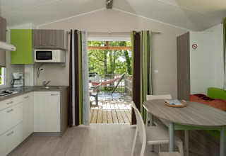 Modern mobile home interior with kitchen, dining table, and deck view featuring a hammock outside.