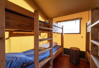 Interior view of a Woodlodge safari tent with bunk beds at Veluwe campsite De Pampel in the Netherlands.
