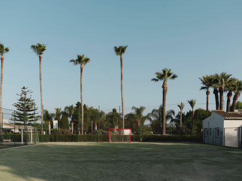 Voetbalveld met palmbomen en een wit huis bij Wecamp Jávea vakantiepark in Valencia, Spanje.