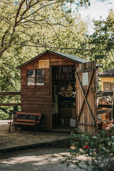 A small wooden cabin full of books at Campsite Lucherino in Tuscany, Italy, surrounded by lush trees.