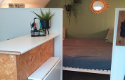 Innenraum einer Hiker's Cabin bei Buytenplaets Suydersee, Niederlande, mit Bett, Pflanzen und Spiegel.