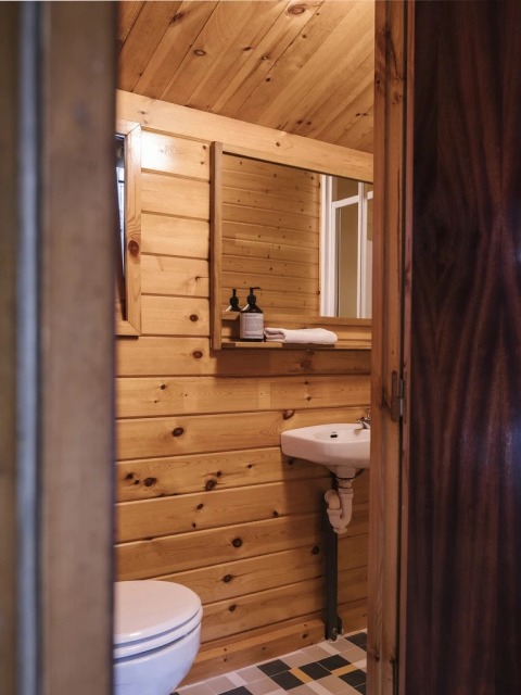 Baño pequeño con paredes de madera, lavabo, inodoro y espejo en un alojamiento de glamping acogedor.
