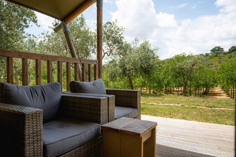 Zicht vanop safari tent Villatent Nomad op Camping Pian Di Boccio in Italië met zetels en groene bomen.
