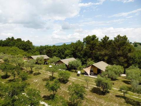 Safaritenten bij Camping Pian Di Boccio in Italië, tussen bomen en natuur onder een deels bewolkte lucht.