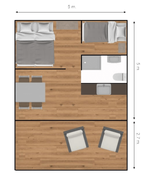 Plattegrond van de Safari Lodge LUXE tent op Camping Des Randonneurs, Frankrijk, met slaapkamers, badkamer en leefruimte.