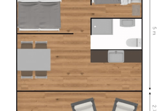 Plattegrond van de Safari Lodge LUXE tent op Camping Des Randonneurs, Frankrijk, met slaapkamers, badkamer en leefruimte.