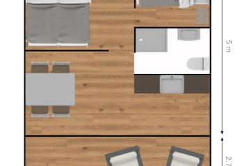 Floor plan of Safari Lodge LUXE tent at Campsite Des Randonneurs, France, showing bedrooms, bathroom, and living area.