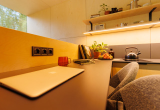 Moderne werkruimte met laptop, rode beker en planten in River Mirrorlodge, Holiday park Mölke, Nederland.