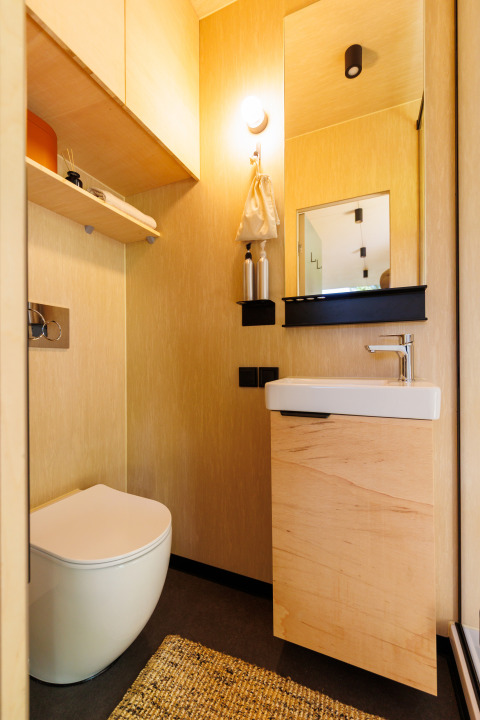 Moderne lille badeværelse med træpaneler, toilet, håndvask og spejl i River Mirrorlodge, Holland.