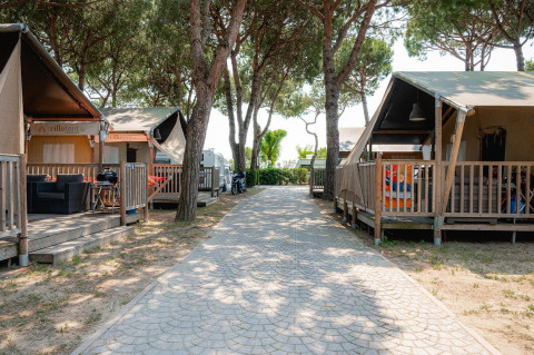 Bestraat pad tussen safaritenten met houten veranda’s bij Camping Village Cavallino in Italië, omgeven door bomen.