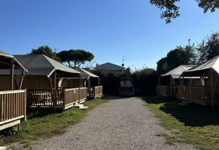 Tiendas safari en Cottage del Vigna sul Mar Family Camping Village en Italia bajo un cielo despejado.