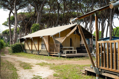 Safaritent 'Villatent Nomad' op Camping Roma Capitol in Italië, omgeven door hoge pijnbomen.