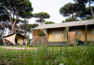Safari tent Villatent Nomad op Camping Roma Capitol in Italië, omringd door pijnbomen en gras.