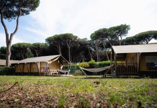 Safari-tent Villatent Nomad op Camping Roma Capitol in Italië, met pijnbomen en een hangmat buiten.