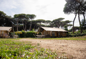 Tenda safari Villatent Nomad al Camping Roma Capitol in Italia, immersa tra pini e vegetazione.