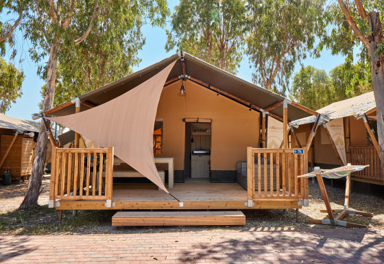 Outback safari tent with wooden porch, sunshade, and hammock set among tall trees on a sunny day
