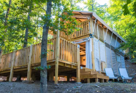 Buitenaanzicht van Airlodge 2.0, een knusse houten lodge met terras gelegen tussen de bomen van een bos.
