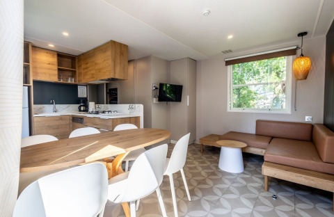 Modern XL comfort lodge at Holiday Park Bergumermeer, Netherlands, featuring kitchen, dining, and lounge.