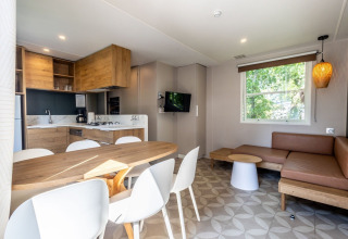 Modern XL comfort lodge at Holiday Park Bergumermeer, Netherlands, featuring kitchen, dining, and lounge.
