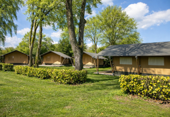 Family-friendly safari tents set in lush greenery, ideal for a relaxing family stay and outdoor adventures.