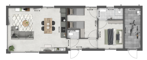 Plano de una moderna cabaña con salón, cocina, dos dormitorios, baño y espacio para guardar bicicletas.