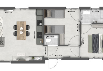 Plano de una moderna cabaña con salón, cocina, dos dormitorios, baño y espacio para guardar bicicletas.