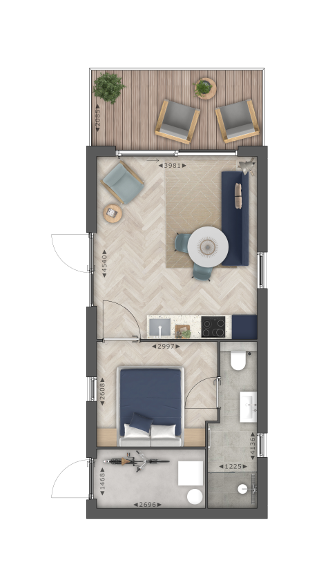 Plan détaillé d'un lodge moderne comprenant une chambre, salle de bain, cuisine, séjour et balcon.