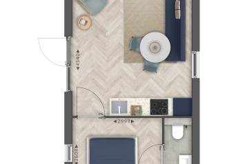 Plan détaillé d'un lodge moderne comprenant une chambre, salle de bain, cuisine, séjour et balcon.
