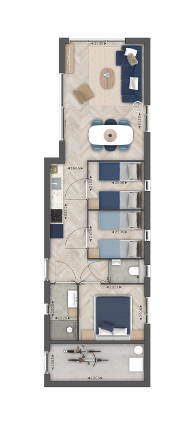 Plantegning af en moderne lodge med stue, spiseplads, køkken, tre soveværelser og opbevaringsrum.
