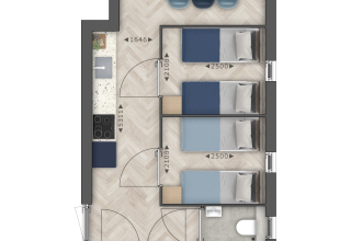 Grundriss einer modernen Lodge mit Wohnzimmer, Essbereich, Küche, drei Schlafzimmern und Abstellraum.