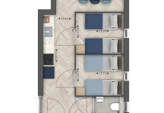 Floor plan of a modern lodge featuring a living room, dining area, kitchen, three bedrooms, and storage.