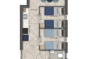 Plan d'une lodge moderne comprenant salon, salle à manger, cuisine, trois chambres et espace de rangement.