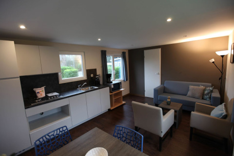 Modern living room and kitchen at Group Yard Chalets, De Scherpenhof, Netherlands, cozy and well-lit interior.